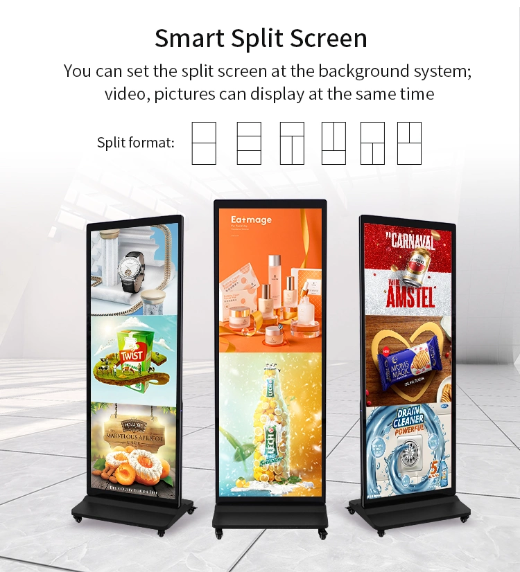 Custom 86 Inch Movable Indoor Floor Stand LCD Portable Advertising Vertical LCD Digital Video Display for Restaurant