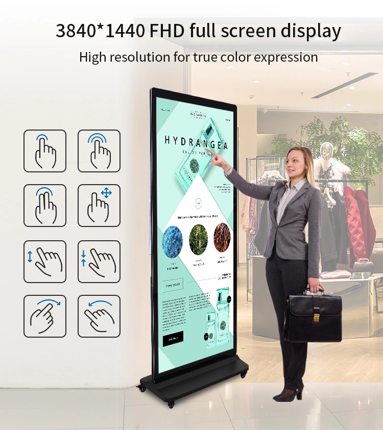 Custom 86 Inch Movable Indoor Floor Stand LCD Portable Advertising Vertical LCD Digital Video Display for Restaurant